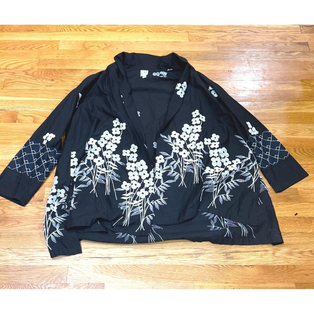 Catherine Bacon Floral Embroidered Open Front Jacket Black White One Size